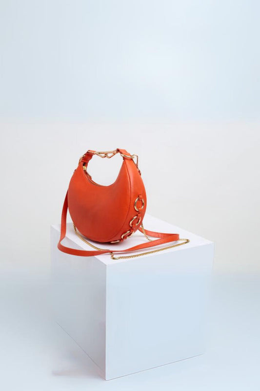 Orange Leather Moon Clutch & Crossbody Bag