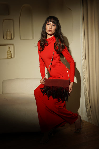 Wine Suede Feather Clutch