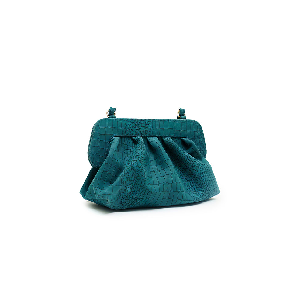Croco Embossed Teal Blue Leather Clutch
