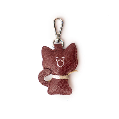 Burgundy Leather Cat Shape Charm Keyring