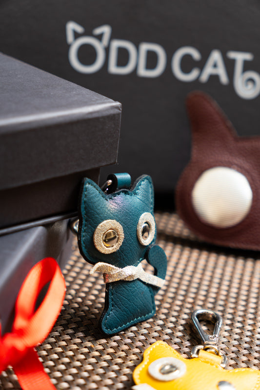 Teal Blue Leather Cat Shape Charm Keyring