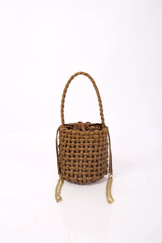 Braided Camel Brown Leather Bucket Bag