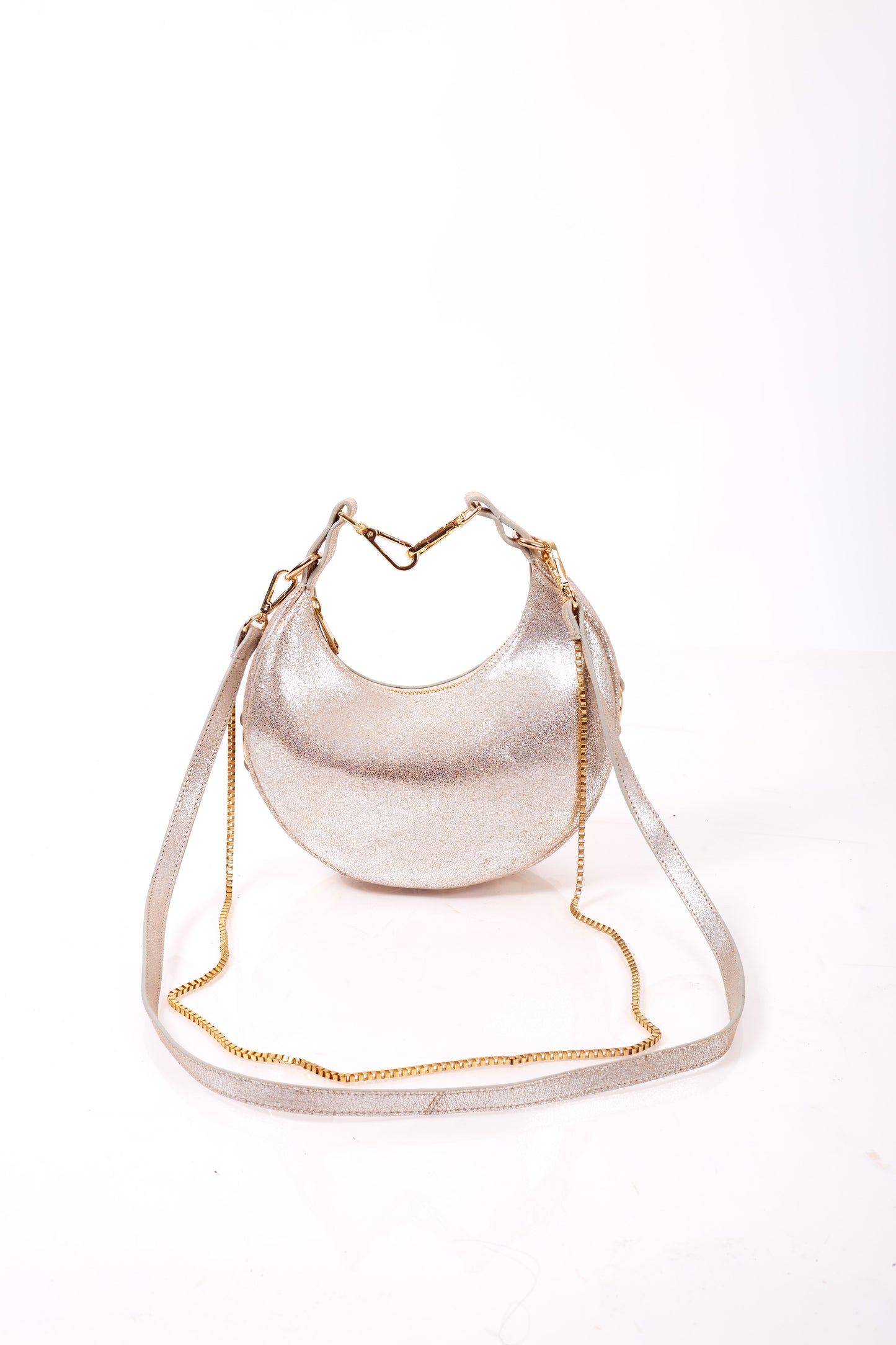 Silver Foiled Leather Moon Clutch & Crossbody Bag