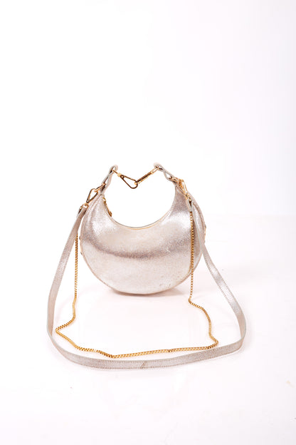 Silver Foiled Leather Moon Clutch & Crossbody Bag