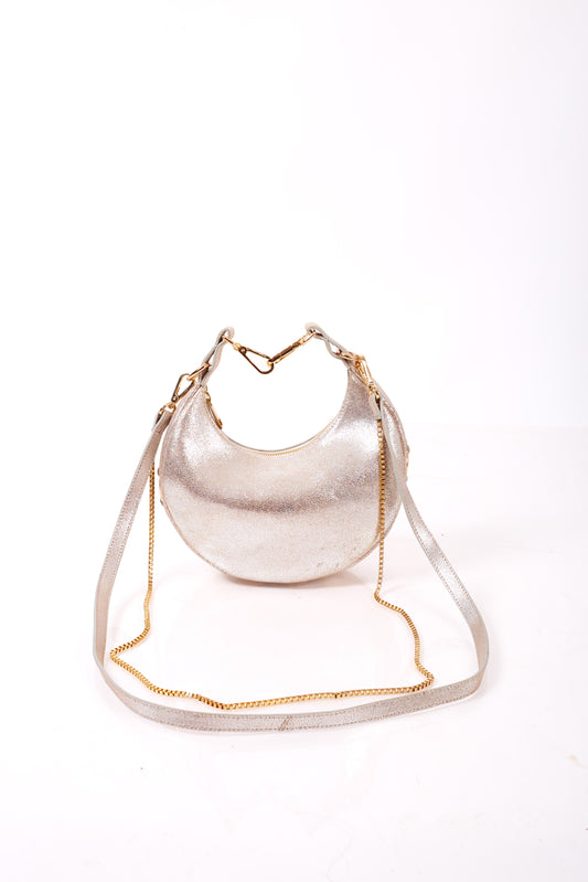 Silver Foiled Leather Moon Clutch & Crossbody Bag