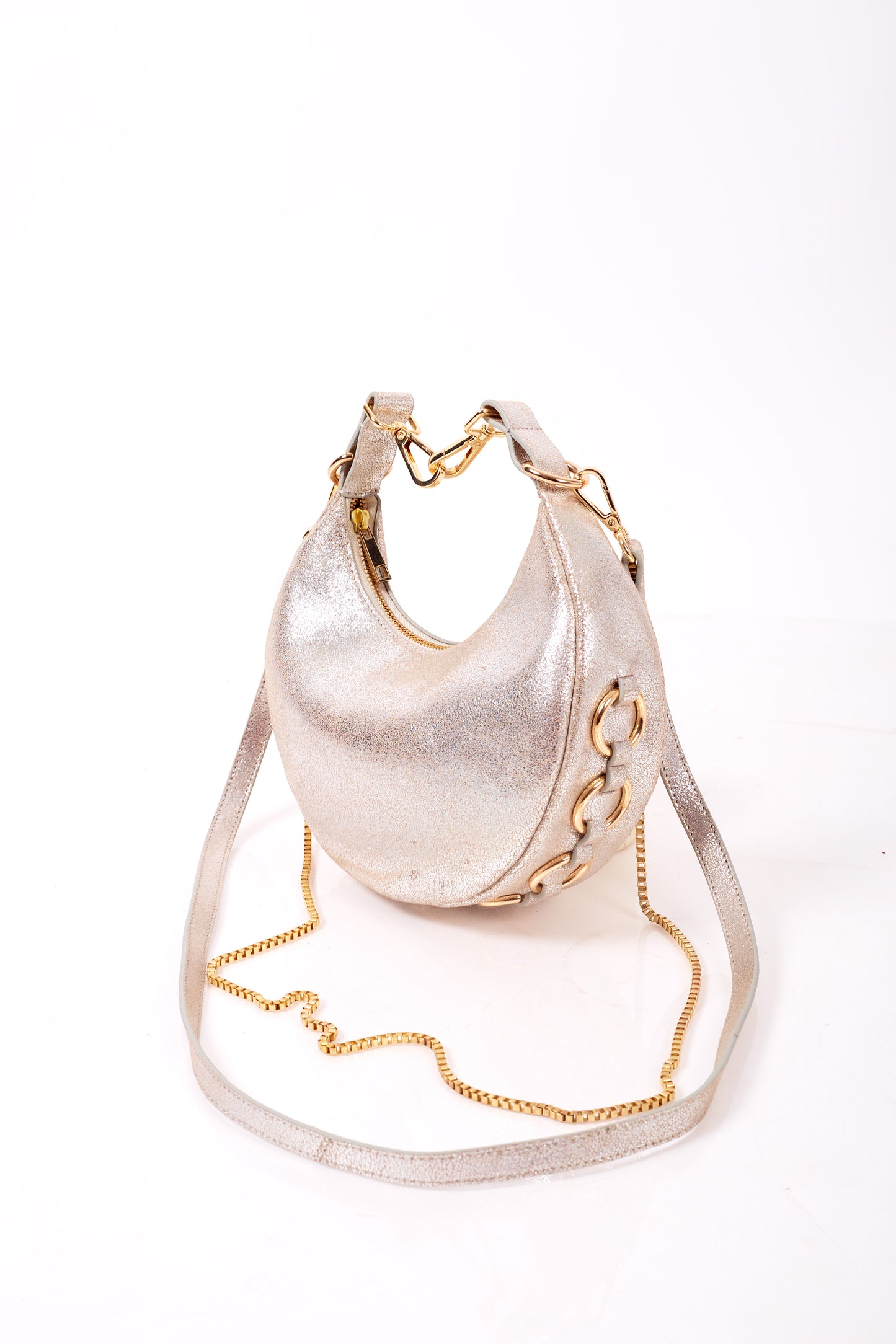 Silver Foiled Leather Moon Clutch & Crossbody Bag