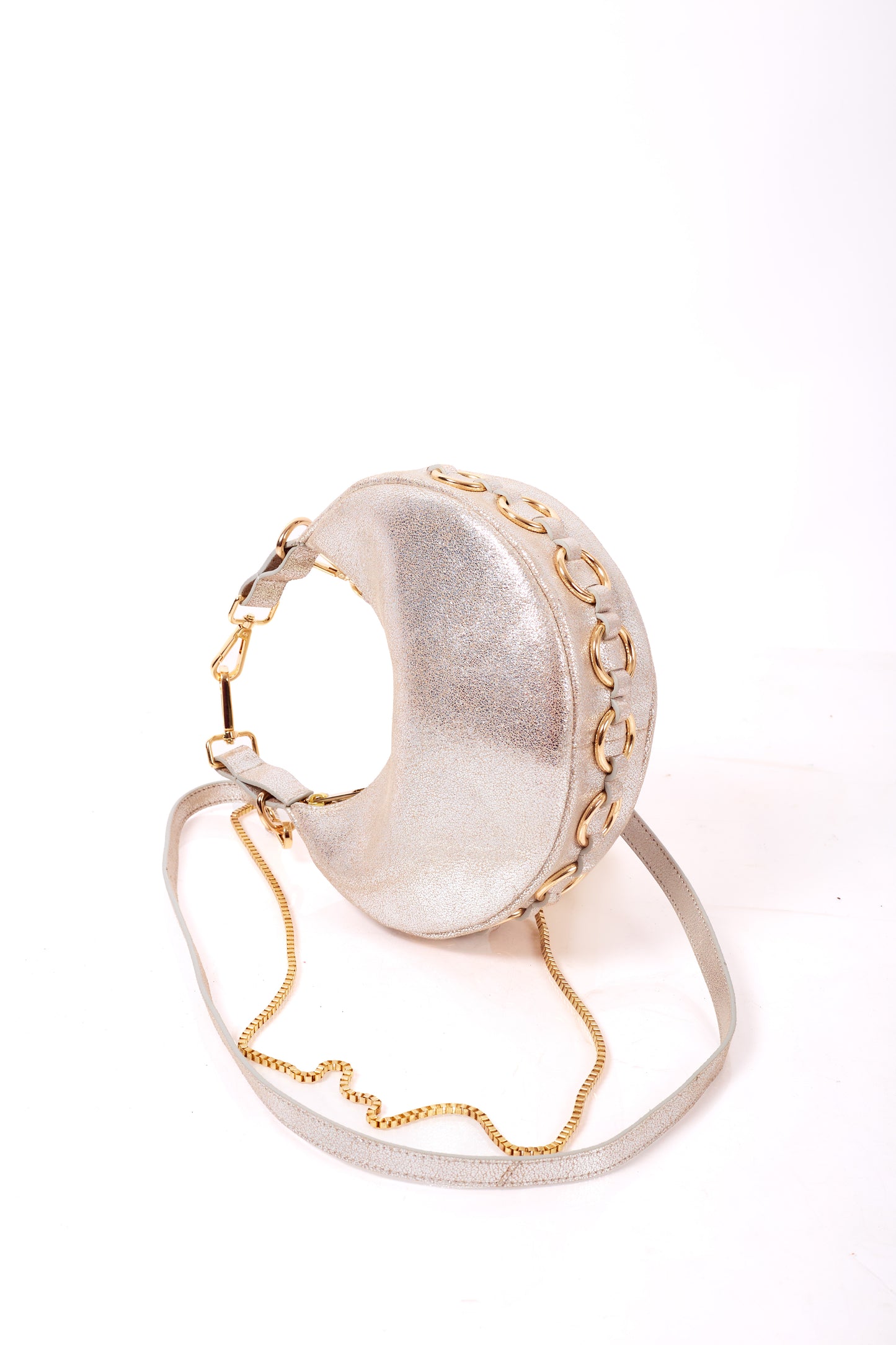 Silver Foiled Leather Moon Clutch & Crossbody Bag