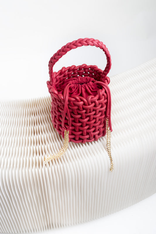 Braided Red Leather Bucket Bag